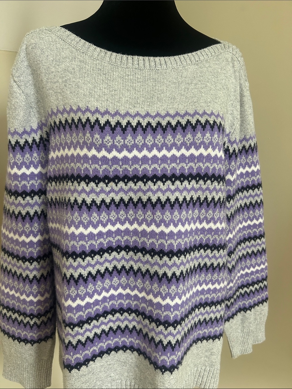 Talbots Gray Sweater with Lavender Fair Isle Pattern